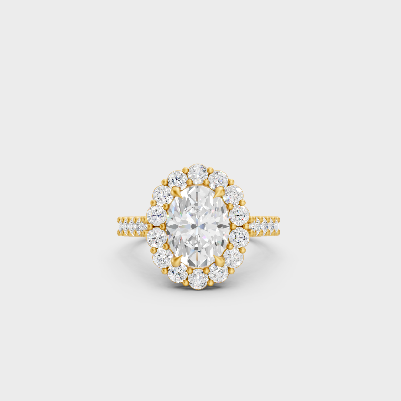 Luxury Oval Solitaire Diamond Ring In Yellow Gold With Round Accents